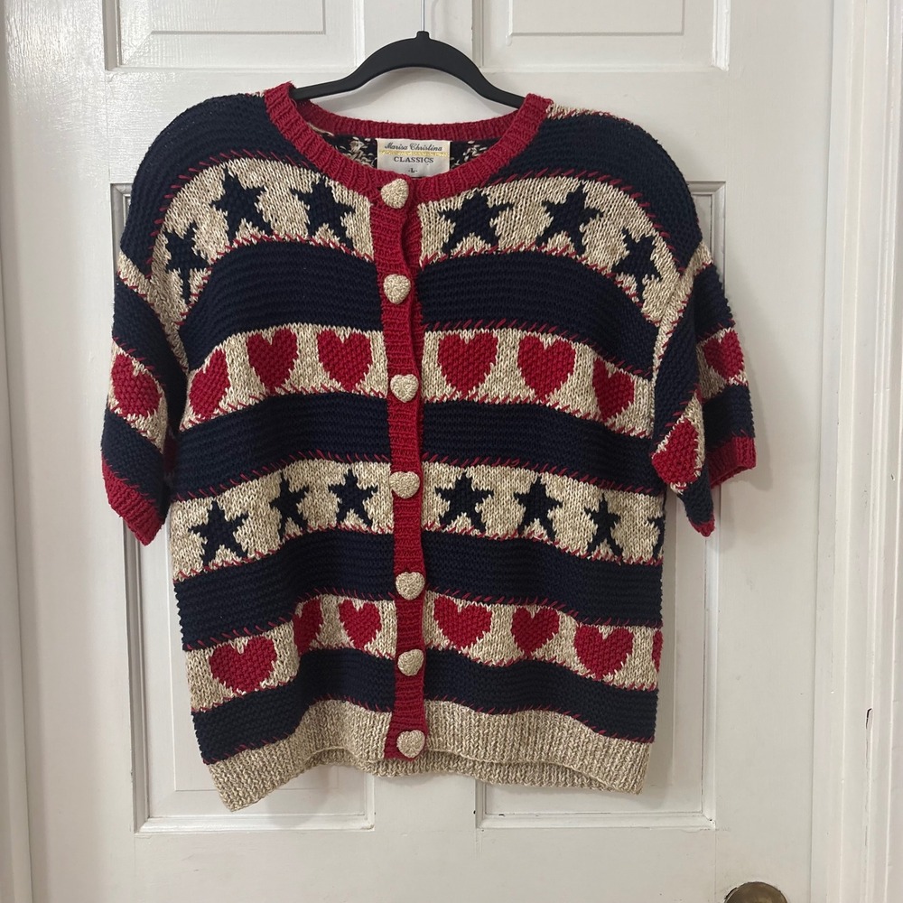 VTG Marisa Christina Heart and Star Hand Knit Folk Art Cardigan L Americana